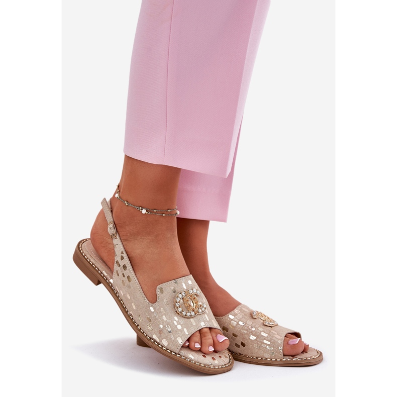 S.Barski Sandalias de cuero con adorno de tacón plano dorado 1