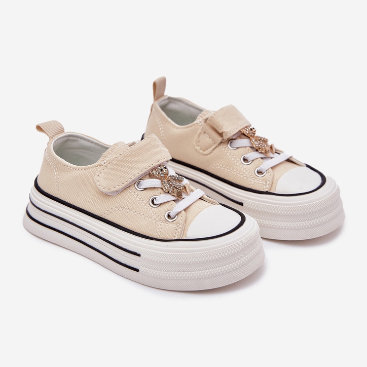 Zapatillas de deporte para niñas con un alfiler dorado beige oso 1
