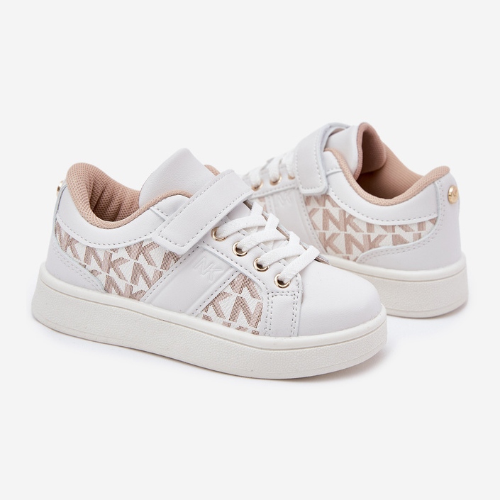 Zapatillas deportivas para depósitos para niños con cuero ecológico blanco y beige 2