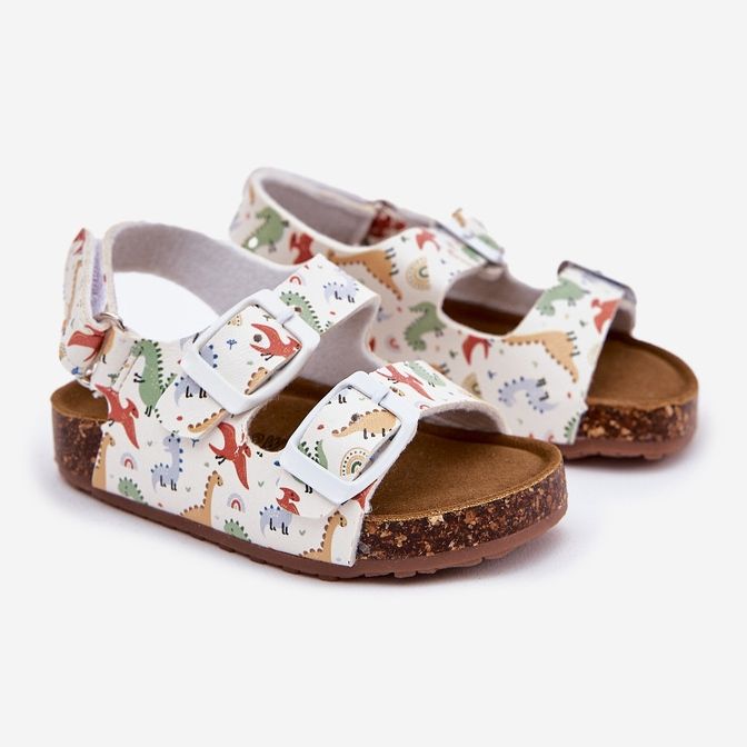 Sandalias para niños en una suela de corcho con hebillas Dinosaurios Multicolor blanco 1 Sandalias para niños en una suela de corcho con hebillas Dinosaurios Multicolor blanco 1