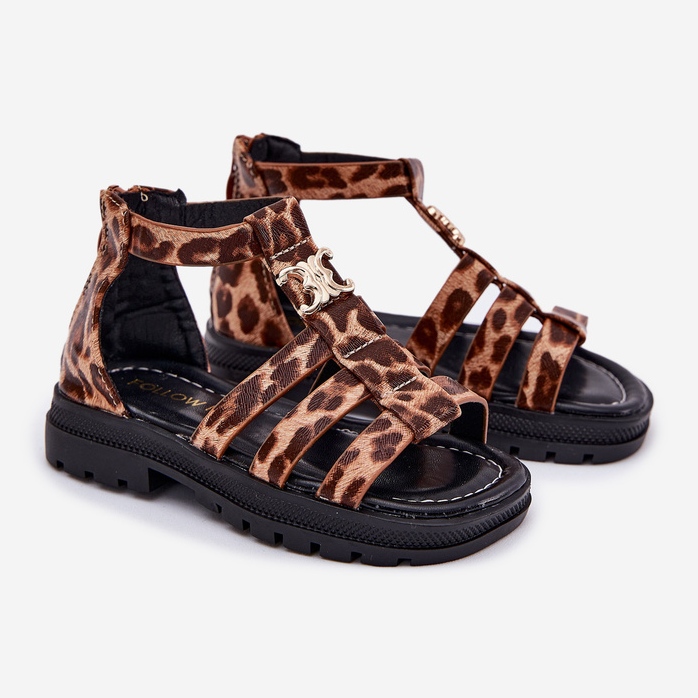 Sandalias de gladiadores de niñas con un detalle dorado leopardo marrón 1