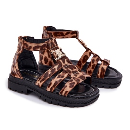 Sandalias de gladiadores de niñas con un detalle dorado leopardo marrón 7