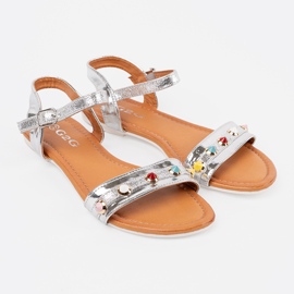 Sandalias planas de plata con tachuelas coloridas 1