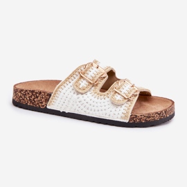 Chanclas para mujeres de crochet con hebillas doradas hebillas blancas blanco 4