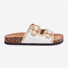 Chanclas para mujeres de crochet con hebillas doradas hebillas blancas blanco 8