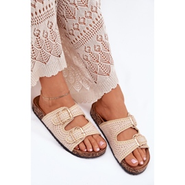 Chanclas para mujeres de crochet con hebillas doradas beige 6