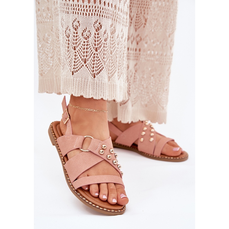 Sandalias de mujer de ceñada plana con pernos dorados rosa 2
