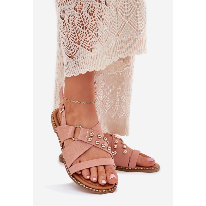 Sandalias de mujer de ceñada plana con pernos dorados rosa rosado 1