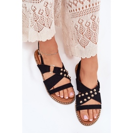 Sandalias de mujer de late plana con tachuelas doradas negras negro 7