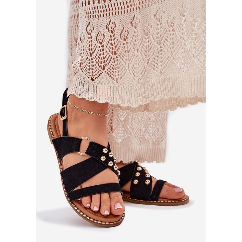 Sandalias de mujer de late plana con tachuelas doradas negras negro 1