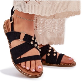 Sandalias de mujer de late plana con tachuelas doradas negras negro 9