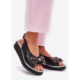 Zazoo Sandalias de cuero para mujeres en cuña negro 1