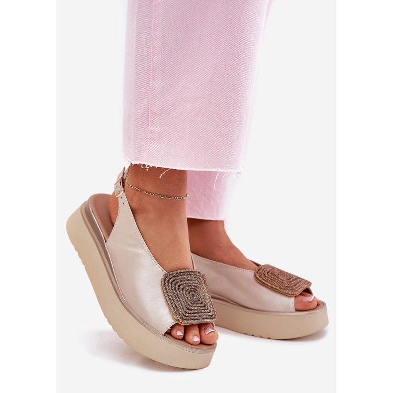 Zazoo 1786 Sandalias de cuero para mujeres en la plataforma con decoración de beige perla 1