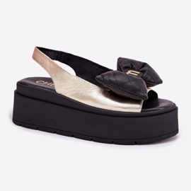 CheBello Sandalias de cuero para mujeres en la plataforma con cheello 4641 dorado y negro 5