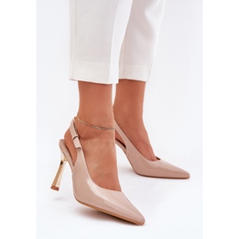 Pintado tacones altos con un talón abierto y punta de color beige 2