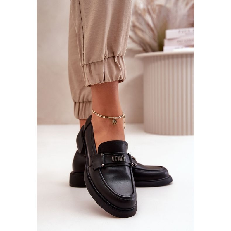 Mocasines de cuero natural de las mujeres Black Vinceza 91114 con un adorno negro 3