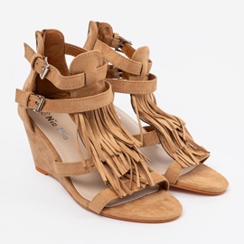 Shelvt Sandalias marrones para cuña con flecos marrón 3