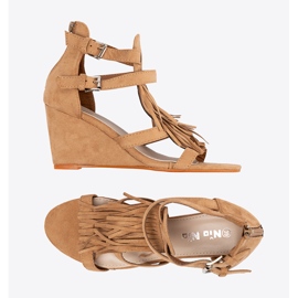 Shelvt Sandalias marrones para cuña con flecos marrón 5