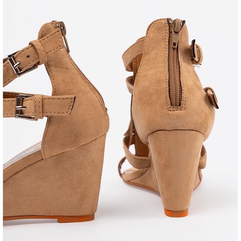 Shelvt Sandalias marrones para cuña con flecos marrón 1