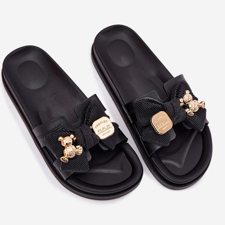 Zapatillas para mujeres con arco y un broche dorado negro 2