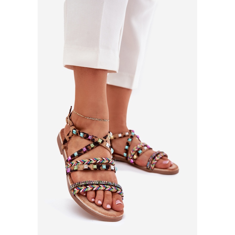 Sandalias para mujeres con decoración y cinturones de leopardo tejidos marrón 1