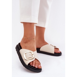Zapatillas para mujeres en la plataforma con una abrazadera dorada beige 2