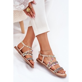 Sandalias para mujeres con decoración y rayas tejidas beige 6