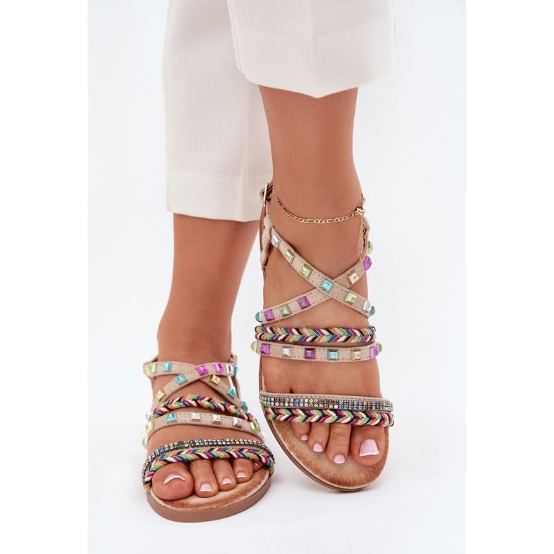 Sandalias para mujeres con decoración y rayas tejidas beige 2