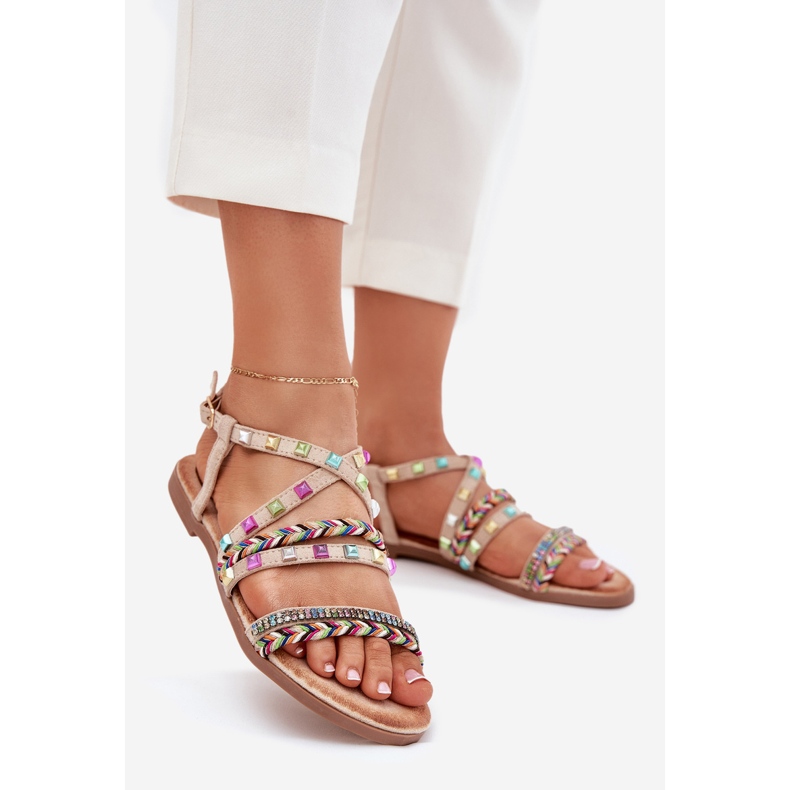 Sandalias para mujeres con decoración y rayas tejidas beige 1