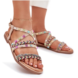 Sandalias para mujeres con decoración y rayas tejidas beige 8