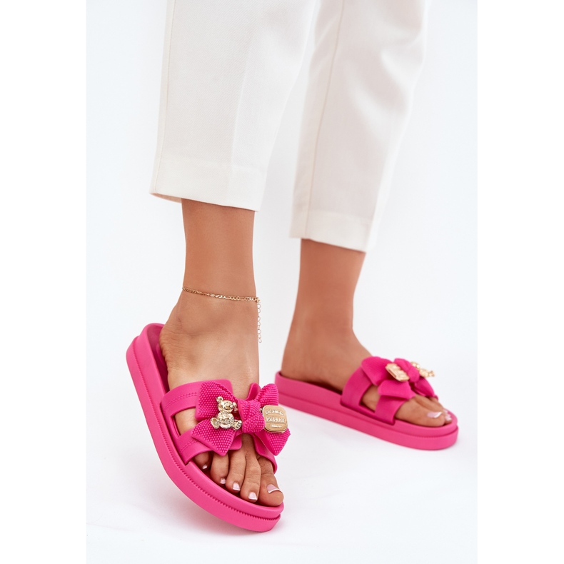 Chanclas para mujeres con arco y un broche dorado fucsia rosa 2