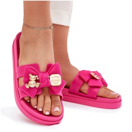 Chanclas para mujeres con arco y un broche dorado fucsia rosado 8