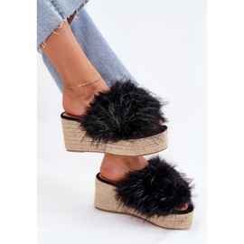 Chanclas para mujeres con cuña con pelaje y trenza negra negro 6