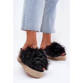 Chanclas para mujeres con cuña con pelaje y trenza negra negro 3