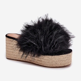 Chanclas para mujeres con cuña con pelaje y trenza negra negro 5