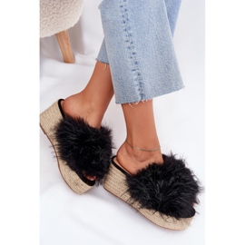 Chanclas para mujeres con cuña con pelaje y trenza negra negro 7