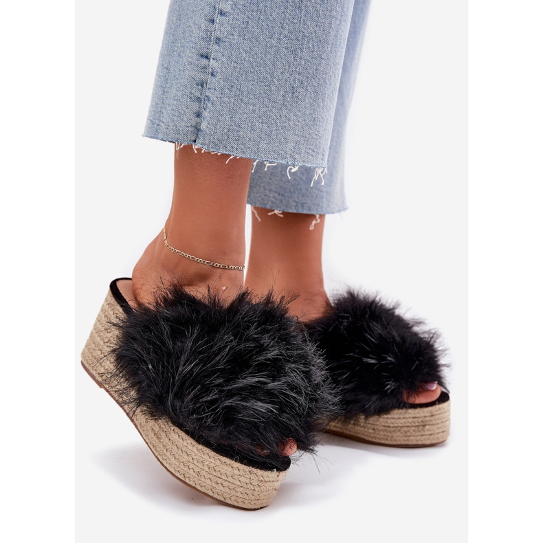 Chanclas para mujeres con cuña con pelaje y trenza negra negro 1 Chanclas para mujeres con cuña con pelaje y trenza negra negro 1