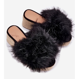 Chanclas para mujeres con cuña con pelaje y trenza negra negro 2 Chanclas para mujeres con cuña con pelaje y trenza negra negro 2