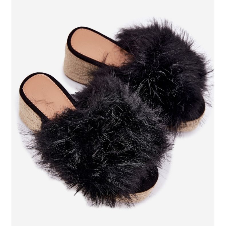 Chanclas para mujeres con cuña con pelaje y trenza negra negro 2 Chanclas para mujeres con cuña con pelaje y trenza negra negro 2