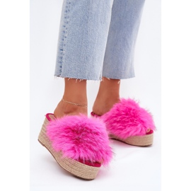 Cuñas de mujeres con cuña con pieles y trenza fucsia rosado 3