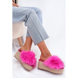 Cuñas de mujeres con cuña con pieles y trenza fucsia rosado 7