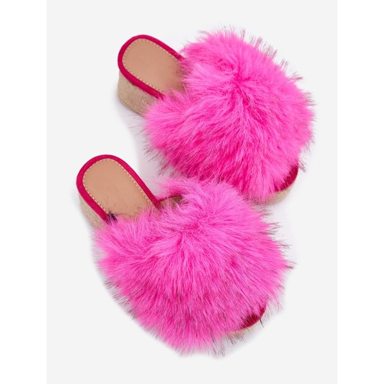 Cuñas de mujeres con cuña con pieles y trenza fucsia rosa 2