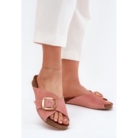 Chanclas de cuero con una abrazadera dorada maciejka 07000-15 rosa rosado 2