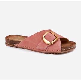 Chanclas de cuero con una abrazadera dorada maciejka 07000-15 rosa rosado 4