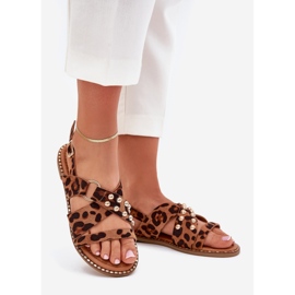 Boto Sandalias de mujer de ceñada plana con grifos dorados estampado de leopardo marrón 1