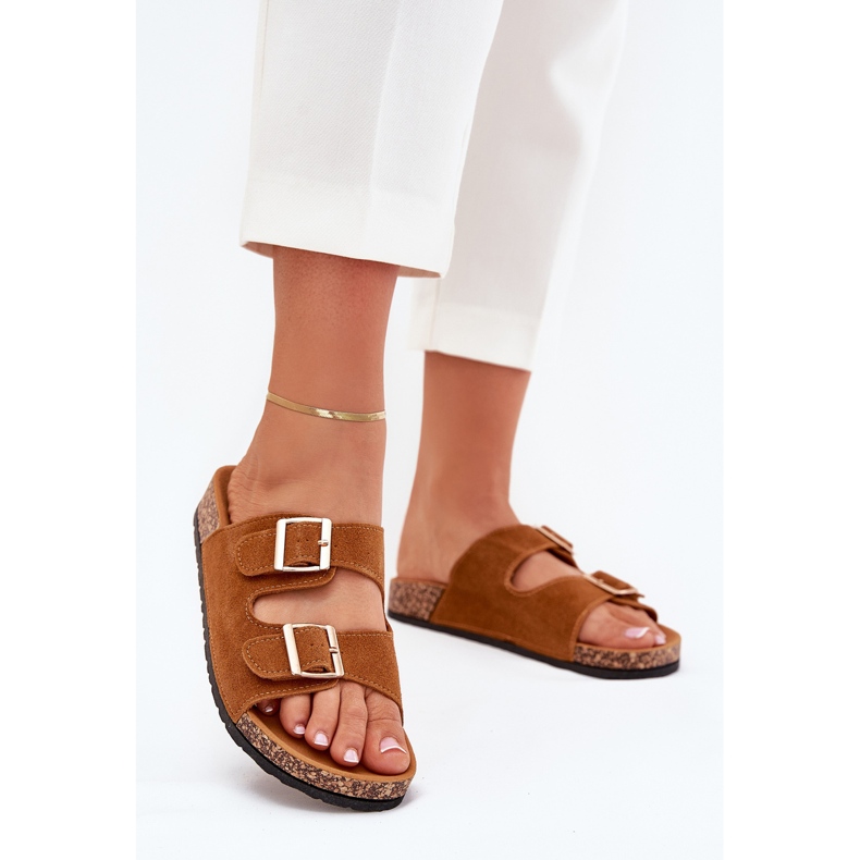 Boto Chanclas para mujeres con abrazaderas doradas y costuras de camello marrón 2