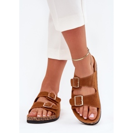 Boto Chanclas para mujeres con abrazaderas doradas y costuras de camello marrón 3