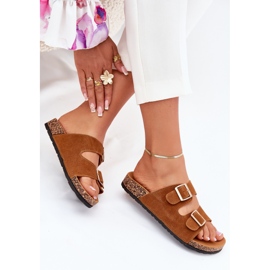 Boto Chanclas para mujeres con abrazaderas doradas y costuras de camello marrón 7