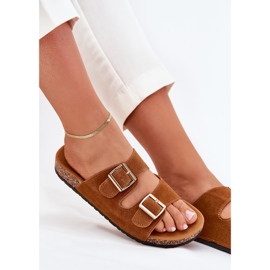 Boto Chanclas para mujeres con abrazaderas doradas y costuras de camello marrón 8