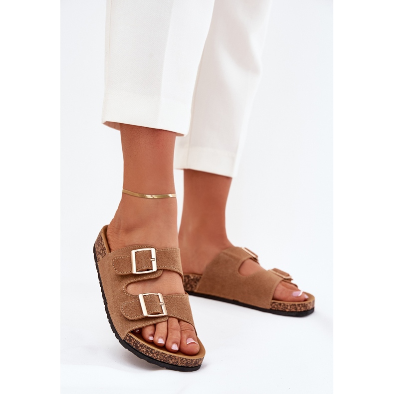 Boto Chanclas para mujeres con abrazaderas doradas y luner marrón claro 2